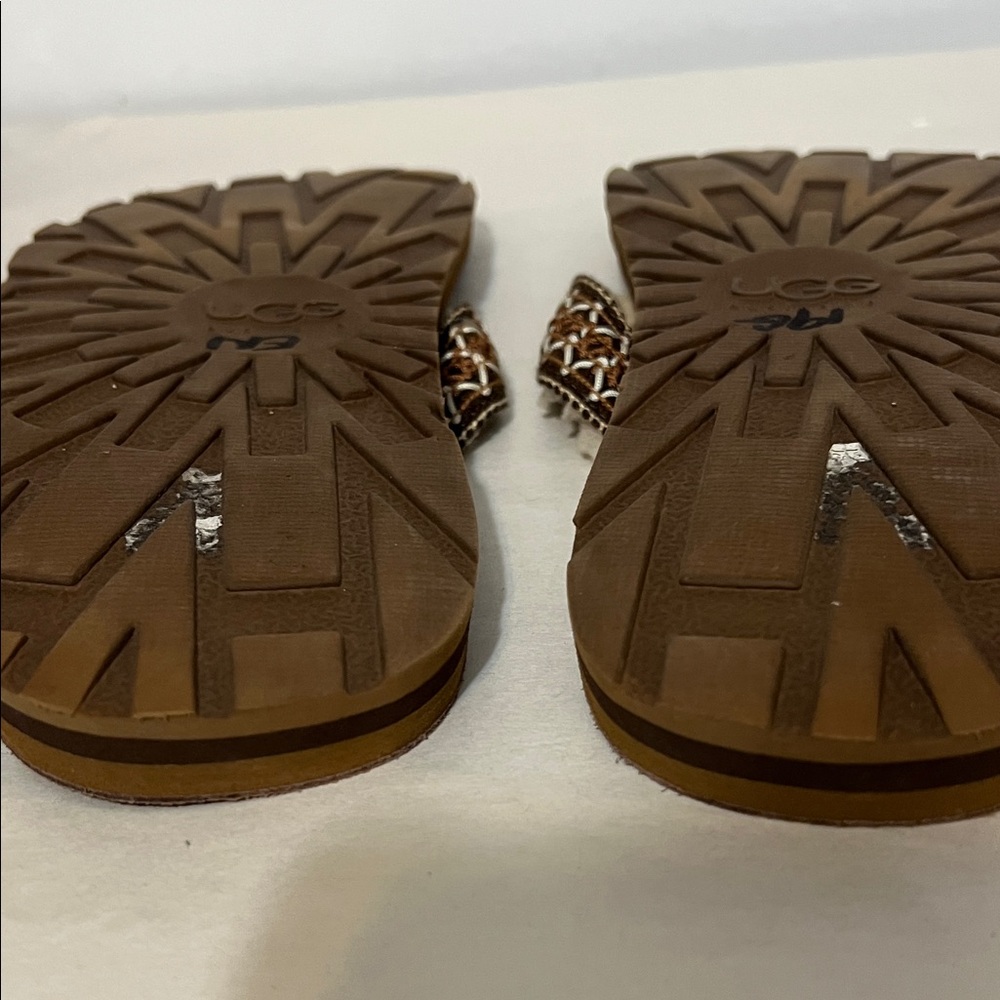UGG Brown Suede Shearling Thong Sandals with Woven Strap Sz 9 - Picture 15 of 16